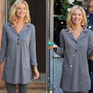 Soft Surroundings Take Two Tunic Top Grey Waffle Thermal Pockets Buttons Size S